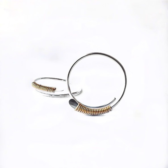 925 Sterling Silver Hammered Open Threader Hoop Earrings Wire Wrapped In Gold - Picture 6 of 11
